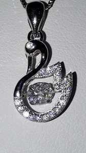 925 STERLING SILVER SWAN MOVING STONE LAB CREATED SAPPHIRE PENDANT NECKLACE - Picture 1 of 5