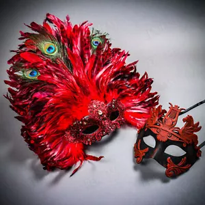 Venetian Couple Party Men Emperor & Women Side Peacock Feather Red Face Mask - Picture 1 of 3