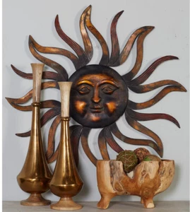 Rustic Sun 3-D Metal Wall Art Sculpture, Round Face, Curved Rays, Bronze Finish  - Picture 1 of 4
