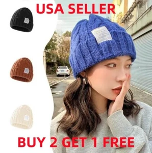 Beanie Hat Cap Plain Knit Ski Skull Cuff Winter Warm Slouchy Men Women Solid - Picture 1 of 11