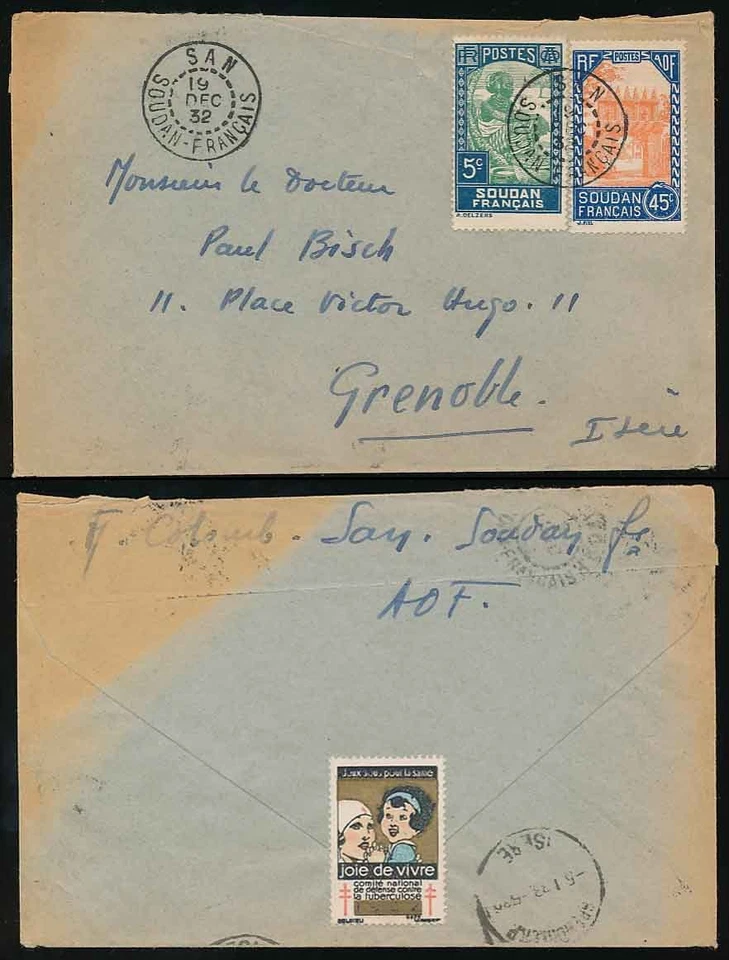 SAN FRANCÉS SAHARA MALI 1932 ETIQUETA DE CARIDAD en SOBRE... SAN a GRENOBLE SUIZA Foto 1 de 1