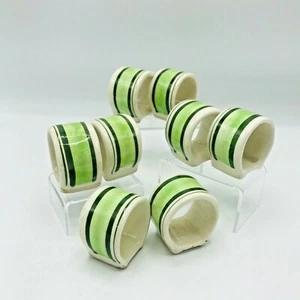 Vintage Set of 8 Mexican Pottery Napkin Rings Green White Stripe Mexico  - Picture 1 of 7