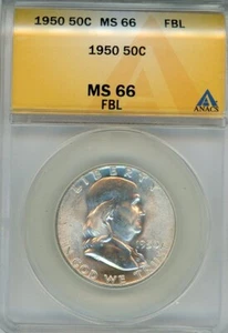 1950 SILVER BENJAMIN FRANKLIN HALF DOLLAR 50C MS 66 FBL ANACS - Picture 1 of 4