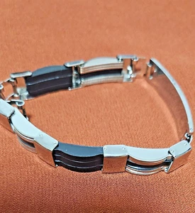Jewerly Bracelet Mens Stainless Steel And Black Rubber Biker Chain Length 20 cm - Picture 1 of 6