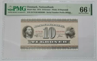 1974 DENMARK 10 Kroner PMG66 EPQ GEM UNC {P-44ai}  - Image 1 of 4