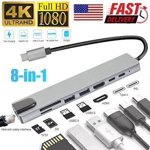 8 in 1 USB-C Hub Type C To USB 3.0 4K HDMI PD Adapter For iPhone Macbook Pro/Air - Picture 1 of 15