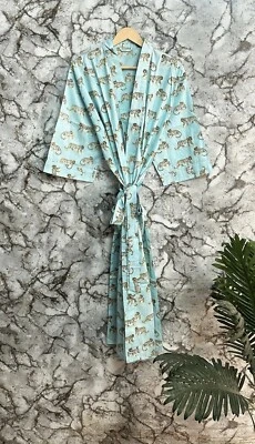 Bata de Algodón Kimono Largo Ropa de Dormir Azul Cielo Indio Estampado de Tigre Traje de Noche Kimonos Foto 1 de 4
