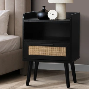 Oikiture Bedside Table Drawer Side End Table Storage Cabinet Nightstand Rattan - Picture 1 of 7