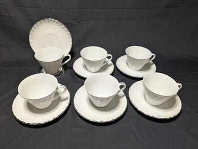 Puritan Estate China 6 Cups And Saucers Swirl Rim Platinum Trim Japan - Image 1 of 4