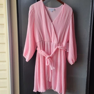 EMMA & MICHELE Pleated Belted Pink Dress Size Large Long Bell Sleeve V Neck NEW - Picture 1 of 10