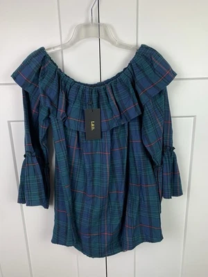 NUEVO CON ETIQUETAS Blusa Lucky & Blessed 2XL Hombro Descubierto Verde Manga Campana a Cuadros Western Boho Foto 1 de 4