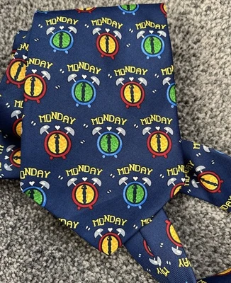 Mens Blue Multi Alarm Clock Monday Sleep Work Themed Novelty Fun Tie 3.5" Wide - Image 1 of 2