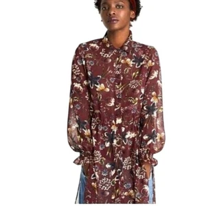 Zara Floral Print Tunic Dress Long Sleeve Sheer Button Down Blouse Top XS NWOT - Picture 1 of 7