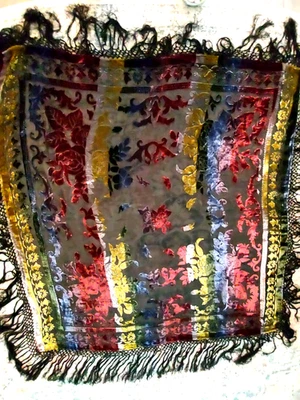 Mantón/bufanda/mesa vintage boho de seda y terciopelo Burnout 42"x44" + flecos de 9" Foto 1 de 4