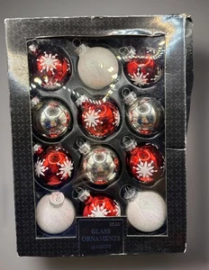 JUEGO 12 BOLAS DE CRISTAL ADORNOS NAVIDAD 1.5" BLANCO BRILLO, PLATA, ROJO con COPO DE NIEVE - Imagen 1 de 5