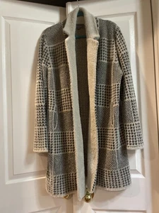 Anthropologie maglione donna grande grigio eco cappotto aperto davanti pied de poule plaid - Foto 1 di 18