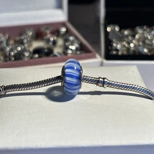 Authentic Pandora Retired Blue Candy Stripes Murano Glass Charm - Picture 1 of 7