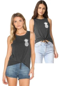 CHASER Womens Black Muscle Raw Edge PINEAPPLE TIE TANK NWT Large - Picture 1 of 6