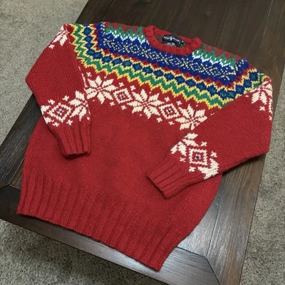 Ralph Lauren Vintage Fair Isle Wool Sweater Hand Knit Red Multicolor Size Small - Image 1 of 4