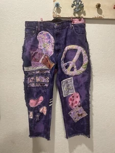 Patchwork Upcycling Lila Peace Jeans Damen Boyfriend Art Jeans Boho Handmade - Bild 1 von 15