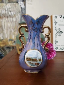 Jarrón vintage de porcelana Cofter azul brillo asas doradas, Ginebra Suiza - Imagen 1 de 9