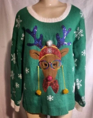 Ugly Christmas Sweater Reindeer w Rainbow Glasses Womens XL Celebrate Together  - Imagem 1 de 4