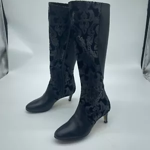 Moon D'elle Calante Black Floral Velvet Knee High Heel Boots Made in Italy 37.5 - Picture 1 of 20