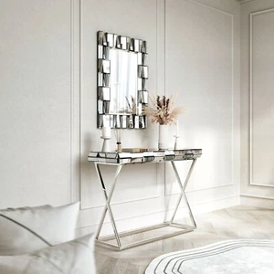 Silver Mirrored Console Table & Modern Glass Wall Mirror Living Room Furniture - Picture 1 of 5