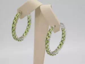 VINTAGE DESIGNER DK STERLING SILVER PERIDOT STONE HOOP EARRINGS 1 3/8" - Picture 1 of 13