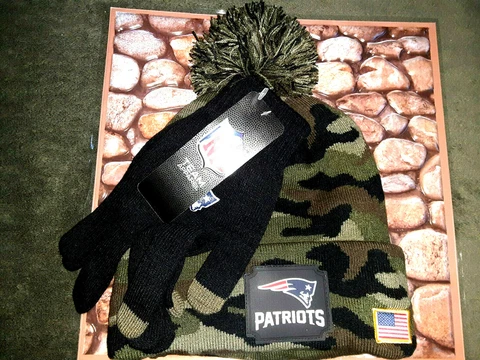 NWT! New England Patriots NFL Camo Salute to Service Beanie & Glove Set One Size Cover