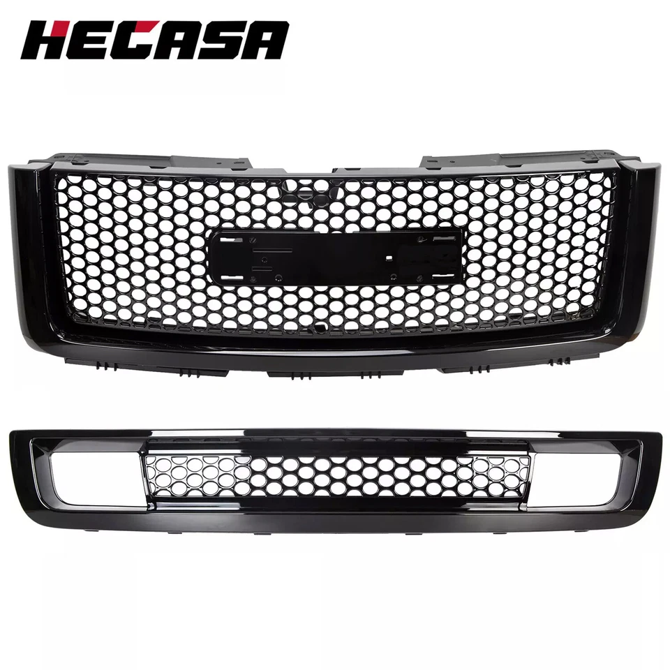 For 07-13 GMC Sierra 1500 New Body Front Upper & Lower Hood Grille Gloss Black - Imagem 1 de 4