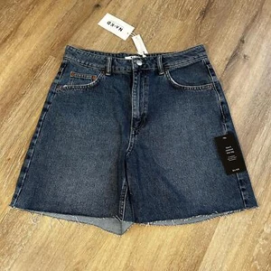 NA-KD Womens High Waist Raw Hem Denim Shorts, Mid Blue, Size 12 US (EU 42) - Picture 1 of 4