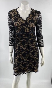 Max Studio Dress Small Black Lace Over Nude V Neck 3/4 Sleeve Cocktail Evening - Picture 1 of 6