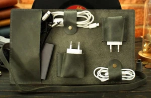 Power Data Line Cargador Digital Accesorio Bolsa Bolsillo Cuero Vaca Verde H930 - Imagen 1 de 2