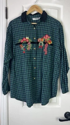 Camisa De Colección Para Mujer 18 Verde Cuadros Años 90’s Cuello Terciopelo Abotonado Y2K Cabaña Vacaciones Foto 1 de 4