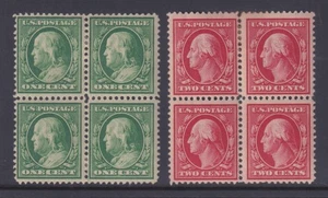 United States Scott 374-375 MH 1910 1¢ & 2¢ S/L Wmk Blocks of 4 SCV $48 - Picture 1 of 2