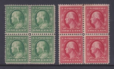 United States Scott 374-375 MH 1910 1¢ & 2¢ S/L Wmk Blocks of 4 SCV $48 - Image 1 of 2
