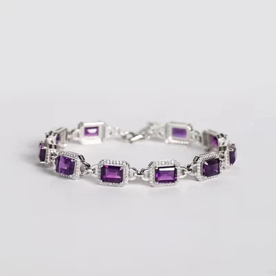 12Ctw Emerald Cut Lab Created Amethyst Tennis Bracelet 14K White Gold Plated - Image 1 of 4