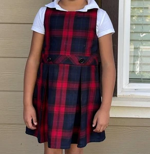 Plaid School Uniform Lands End Girls Red Navy Jumper Dress Size 8 - Picture 1 of 9
