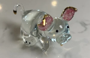 Art Glass Pig Figurine With Frosted Glass Baby Pig Sparkly Pink Ears 2” Unique! - Picture 1 of 8