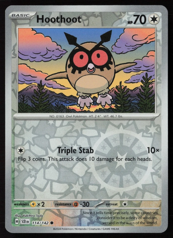 Pokemon Hoothoot 114/142 SV07: Stellar Crown Reverse Holo Pack Fresh - NM - Image 1 of 2