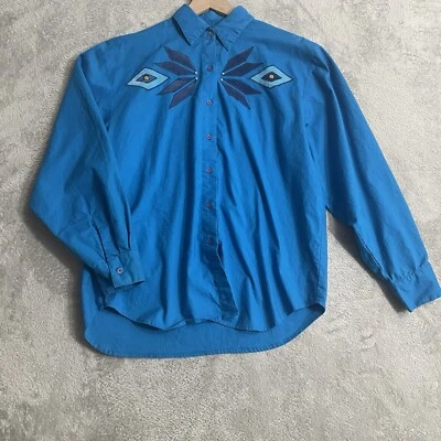 Винтажный женский топ Wrangler большой синий ацтекский бархатный пэчворк вестерн конный спорт - Изображение 1 из 4