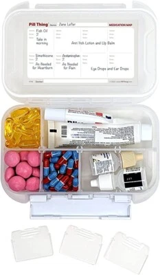 PILL THING, INC. 8 Compartment Large Pill Case with Airtight Seal, Adjustable Dividers, Med. Map