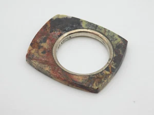 Signed Rage Sterling Silver Ring Sz 7.25 Brown Green Stone Square Unique - Picture 1 of 5