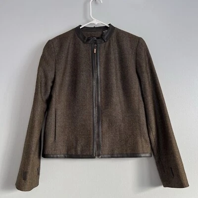 Chaqueta Blazer Lord & Taylor Mujer 100% Lana Con Borde de Cuero Cremallera Marrón Talla 8 Foto 1 de 4