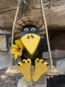 Wood Crow On A Swing Backyard Decor Wooden Crow Country Porch Art - Picture 1 of 4