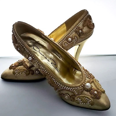 Zapatos de tacón de aguja de colección para mujer 7,5 oro adornado Italia romántico formal glamour Foto 1 de 4