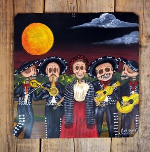 Day of the Dead Frida Kahlo Mariachi Band Skeletons Hand Painted Mexico Folk Art