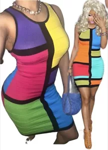 Wow Couture Y2K Hip Dress NEW RARE Colorblock Retro Soft Knit Bodycon Bandage M - Picture 1 of 6