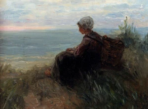 Oil painting A-Fishergirl-On-A-Dunetop-Overlooking-The-Sea-Jozef-Israels canvas - Picture 1 of 1
